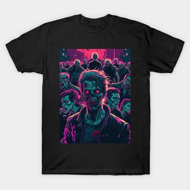 80s Zombie Horde In The Streets Of A Dystopian City T-Shirt by Nightarcade